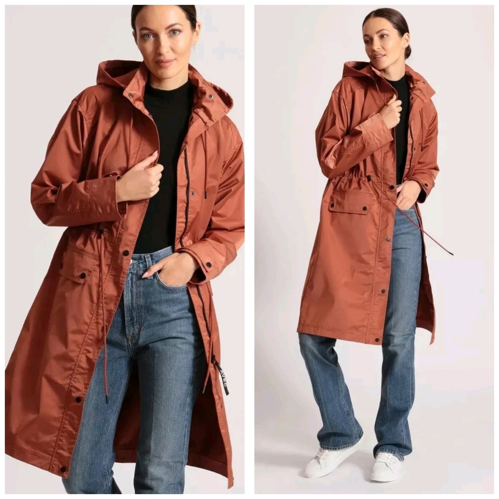 Avec Les Filles Hooded Rain Anorak Trench Coat M Rust Copper Brown